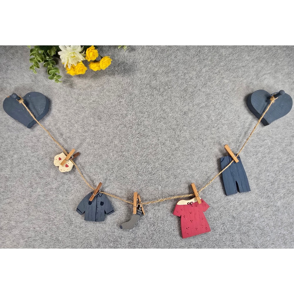 Vintage Cottagecore Wooden Clothesline Laundry Wall Decor Heart Folk Rustic 90s